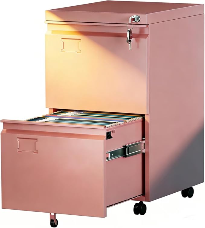 METAN 2 Drawer Metal File Cabinet with Lock, Mobile Rolling Filing Cabinet for Home Office, Under Desk Storage Holds Letter & Legal Size, Anti-Tilt, 17.32"D x 14.56"W x 25.6"H, Pink, Assembly Required
