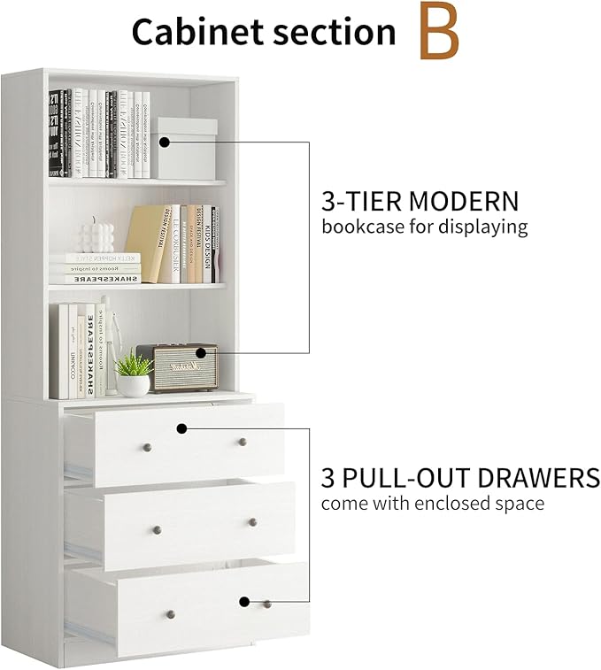 TUSY 71" H Bookshelf with Storage, 6-Tier Modern Bookshelves with 3 Large Drawer, Display Bookcase with Glass Doors, Modern 5-Tier Curio Cabinet for Home Office, Dining Room (White, AB)