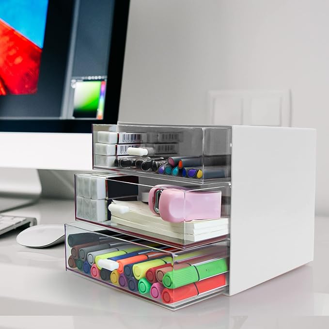 Desk Organizer with Drawer, Desk Storage Box, Plastic Office Stationery Supplies Organizers, Desktop Organizer for Office School Home (3 drawer, White)