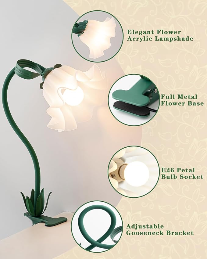 WERFOP Green Clip on Light, 3 Color Modes Eye-Caring Flower Desk Lamp with Clamp, Dorm Room Essentials, Flexible Neck Reading Clamp Lamps for College Bedside Bookshelf Studying Room (Dark Green)