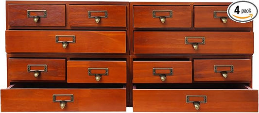 12 Drawers Apothecary Cabinet, 4-Pack Wood Tabletop Medicine Cabinet, Vintage Desktop Drawer Library Card Catalog Cabinet Wooden Chest Drawer Organizer for Tea Herbs Jewelry Stationery (Brown)