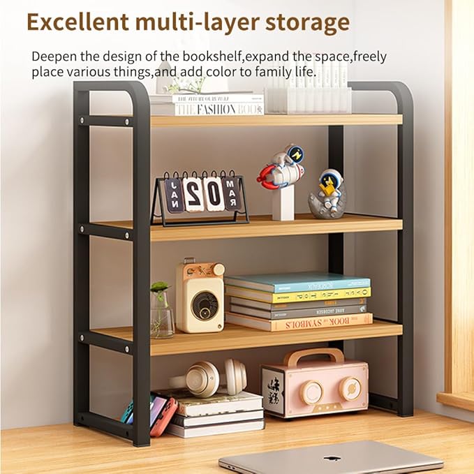Office Desk Shelf Organizer, Wood Desktop Bookshelf Supplies Storage Rack, Shelf for Top of Desk and Dresser and Cubicle Decor Aesthetic Bookshelf (White White, three Tier(19.69 Lx7.87 Wx22.05 H)