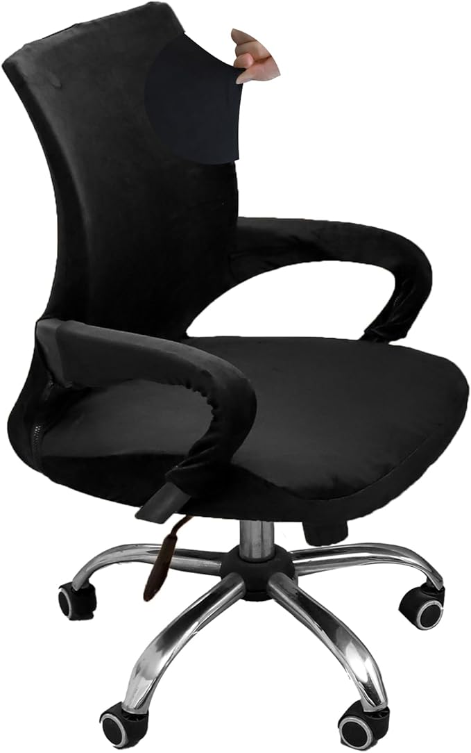 Velvet Office Chair Cover with Armrest Cover 18Inch Wide Stretch Black Small Desk Computer Chair Covers with Long Zipper Arm Slipcovers Washable