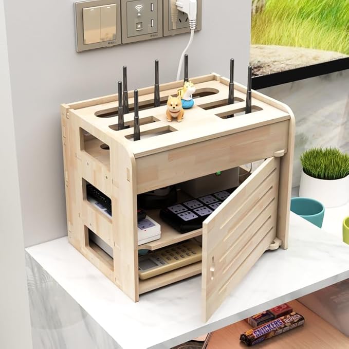 Cable Organizer Box Solid Wood Router Storage Box Wall-Mounted WiFi cat Plug-in Wire Board Placement Shelf Desktop Set-top Box Rack Cable Management Box (Size : L)
