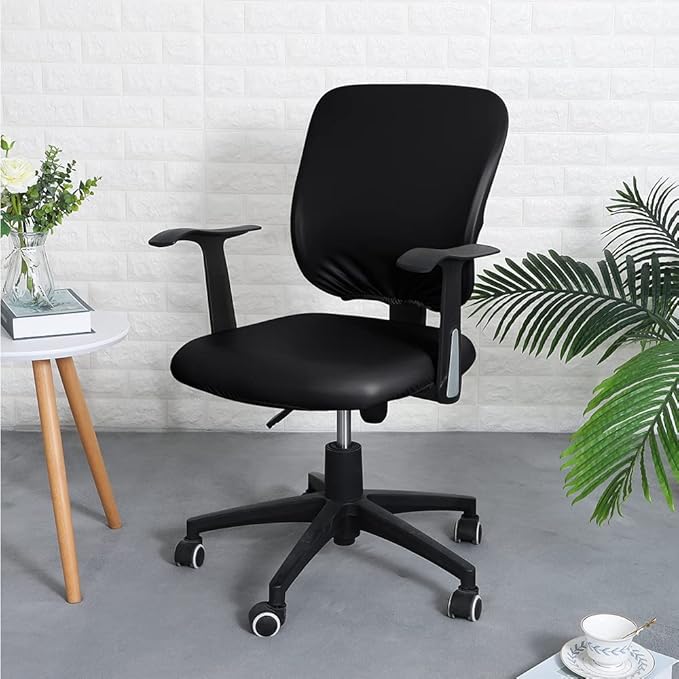 lygooh Waterproof Seat Covers Stretchable Desk Chair Cover Leather Computer Chair Slipcover Removable Washable Rotating Chair Covers for Rotating Office Chair Seat (Black, Chair Seat Cover)