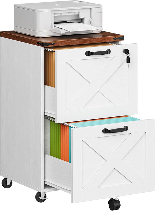 HOOBRO 2 Drawer File Cabinet with Lock, Under Desk Mobile Filing Cabinet for Home Office, Wooden Farmhouse Office Storage Cabinet, Printer Stand Fits Letter and A4 Size, Walnut and White WH66WJ01