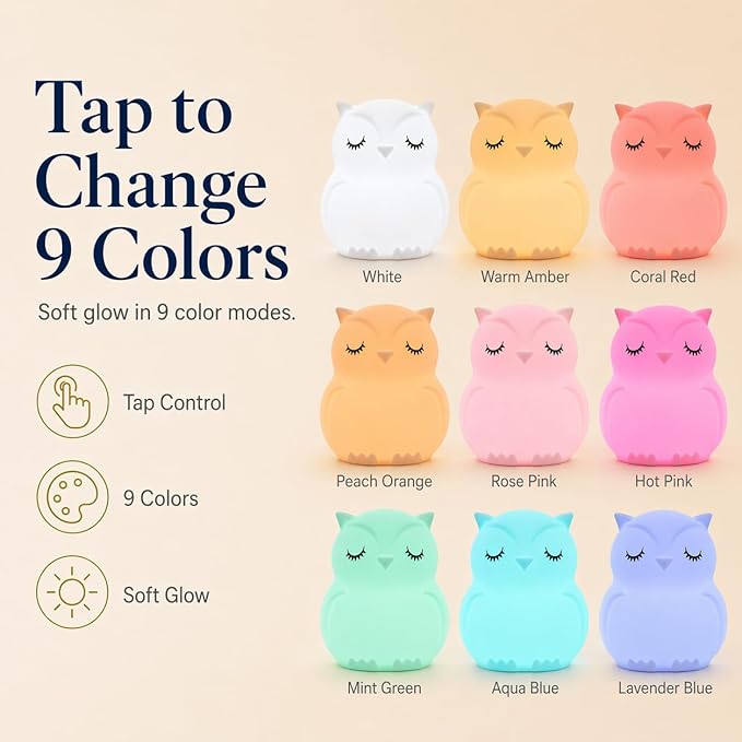 Baby Night Light for Car Seat- Dimming Function 9 Colors Changing Eye Caring Portable Rechargeable & Timing Bedside Lamp Light Up Toddler Bed Room Travel Essentials Squishy Silicone Infant BPA Free