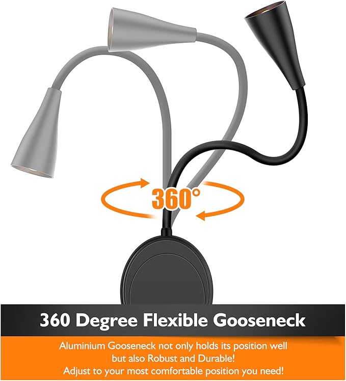 SANKEDOU Wall Mounted Reading Light, Bedside Headboard Lights with 5 Dimming & Color Temperature, USB Output, Night Light & Timers Function, Flexible Gooseneck 3000K-6000K Upgrade Bed Lamp (Black)