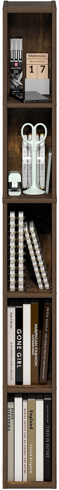 Furinno Fulda Book Shelf, 5-Tier Tall Narrow Bookshelf, Standing Bookcase with 6-in Width Storage Shelf, 9.3 x 5.9 x 51.9, for Organization Storage, for Living Room, Bedroom, Home Office, Amber Pine