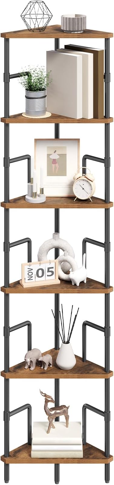 MAHANCRIS 65" Corner Shelf, 6-Tier Industrial Corner Bookshelf with Metal Frame, Small Plant Stand, Display Shelf for Living Room, Bedroom, Home Office, Small Spaces, Rustic Brown CSHR6601
