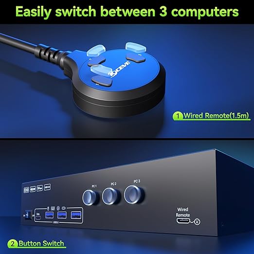 KVM Switch 3 Monitors 3 Computers 4K@60Hz,EDID Simulation,HDMI Displayport Triple Monitor KVM Switch,3 Monitor KVM with 4 USB 3.0 Ports for Keyboard Mouse, Wired Remote and 3 USB3.0 Cables Included