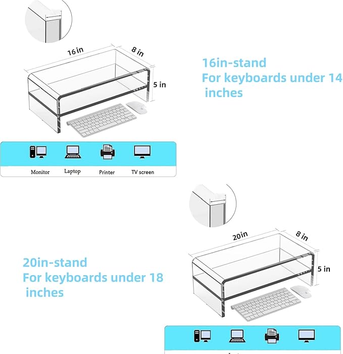 Acrylic Monitor Stand, 2 Tier Riser with Storage Shelf, Clear, 16/20 Inch, Home Office Desk Organizer (20in)