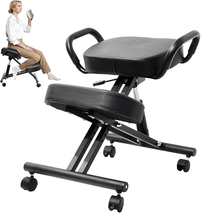 Ergonomic Kneeling Chair, Kneeling Chair with Locking Wheels, Adjustable Height Kneeling Support Chairs, PU Computer Kneel Chairs for Living Room