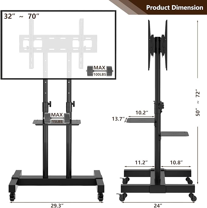 Mobile TV Stand Rolling TV Cart Floor Stand with Mount on Lockable Wheels Height Adjustable Shelf for 32-83 Inch TV Stand Flat Screen or Curved TVs Monitors Display Trolley (Black with 2 TV Brackets)