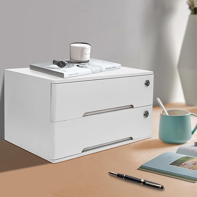 Wooden Desk Organizer with Drawers & Lock, Desktop Countertop Storage Cabinet Lockable Home Office Supplies File Tabletop Organizing Unit (2 Drawer - Modern White)