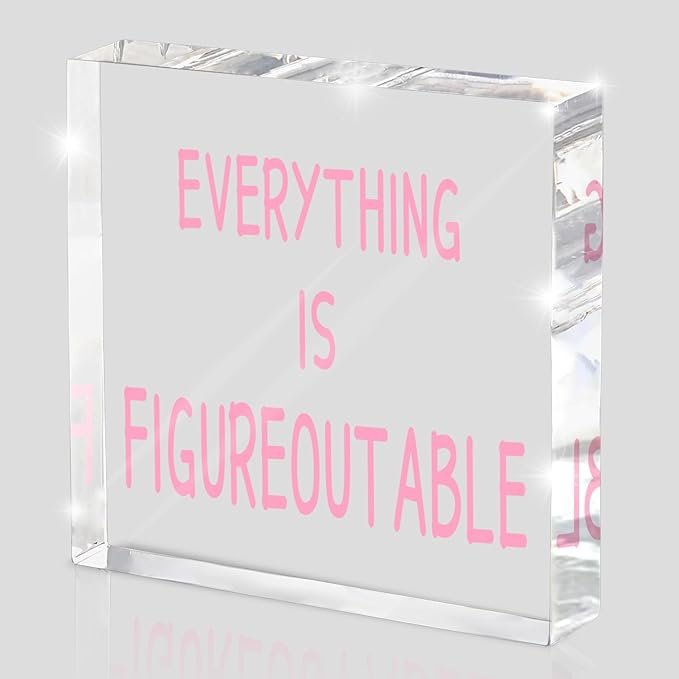 Pink Office Decoration - Motivational Gifts For Women - Everything Is Figureoutable - Desk Accessories Acrylic Square Sign - Suitable For Colleagues, Friends And Relatives 4x4 Inches
