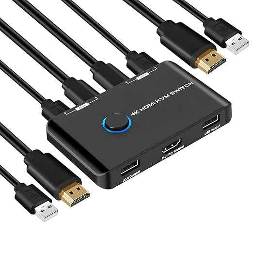 4K KVM Switch HDMI 2 Port Box - KVM Switch for 1 Monitor and 2 Computers 4K@60Hz for Sharing Monitor, Keyboard, Mouse, Hard Drives, and Printer – Includes 2 HDMI & USB Cables, and One-Button Swapping