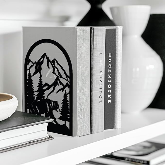 Peacoblue Metal Bookends for Shelves, Modern Decorative Heavy Duty Study Book Support Stoppers for Office, Desk, Shelf, Room 5.3"x4.3"x7.9" Cast Iron Bookends, 1 Pair (Mountain and Forest with Bear)