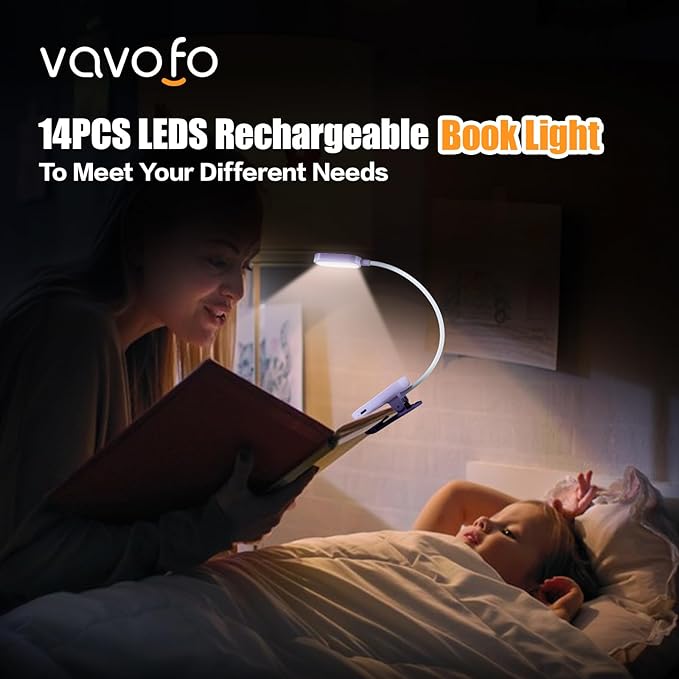 VAVOFO Rechargeable Book Light, 14 LEDs Eye Care Clip On Amber Reading Light for Bookworms Reading in Bed with 9 Colors 9 Brightness (Purple)