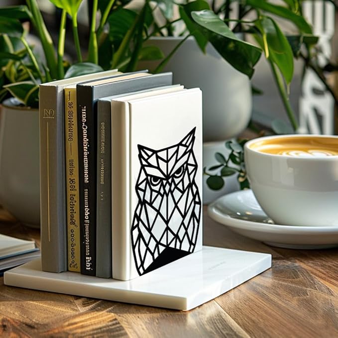 Peacoblue Metal Bookends for Shelves, Modern Decorative Heavy Duty Study Book Support Stoppers for Office, Desk, Shelf, Room 5.3"x4.3"x7.1" Cast Iron Simple Tall Bookends, 1 Pair (Geometric Owl)