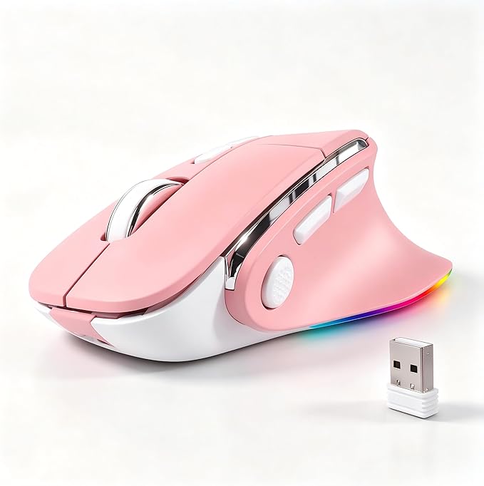 Ergonomic Mouse Jiggler,Bluetooth Vertical Wireless Mouse,LED Rechargeable Optical Computer Mice, Portable(BT5.2 or USB 2.4GHz) Dual Mode,1000/1600/2400 DPI,8 Buttons for Laptop,PC,Macbook (pink)