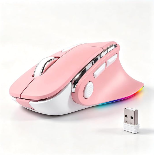 Ergonomic Mouse Jiggler,Bluetooth Vertical Wireless Mouse,LED Rechargeable Optical Computer Mice, Portable(BT5.2 or USB 2.4GHz) Dual Mode,1000/1600/2400 DPI,8 Buttons for Laptop,PC,Macbook (pink)