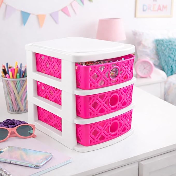 3 Drawer Basket Weave Mini Plastic Organizer Makeup HBA Cosmetics Arts & Crafts Desktop Stationary (Dark Pink)