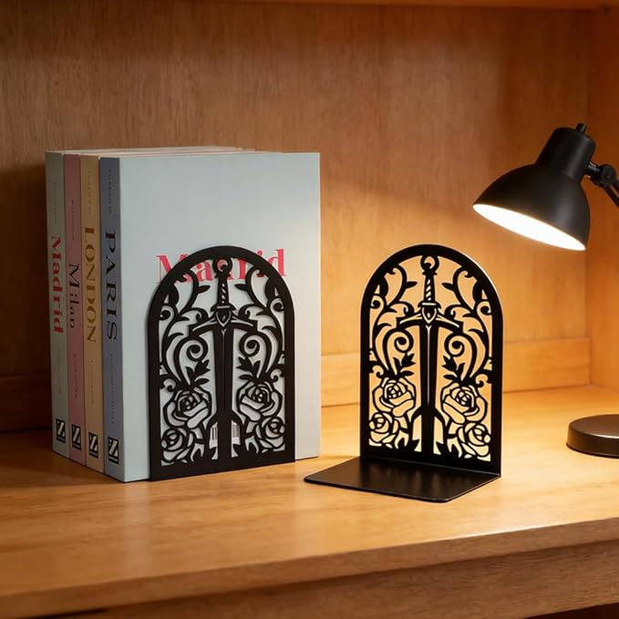Book Ends, Bookends, Book Ends for Shelves, 2Pair Non Skid Metal Book Divider Decorative Holder, Abstract Art Desgin Book Stopper Supports for Office, Home (3 Pairs Gothic Bookends)