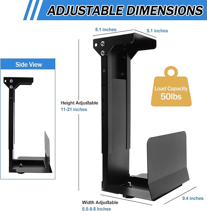 Heavy Duty Computer Wall Mount PC Case - Upgraded, Also Great for PC Mount Under Desk - Height Adjustable from 11" to 21", Width Adjustable from 5.5" to 9.8", Computer Tower Under Desk Home Office