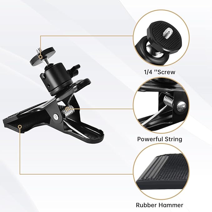 UTEBIT Heavy Duty Tripod Camera Mount Clip with 360 Swivel Mini Ballhead, Black Spring Clamp for DSLR Video Photoshoot Studio