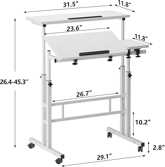 sogesfurniture Rolling Mobile Desk with Cup Holder, Portable, Adjustable Height Small Stand up Desk on Wheels for Home Office Laptop Cart for Standing or Sitting (Basic White)