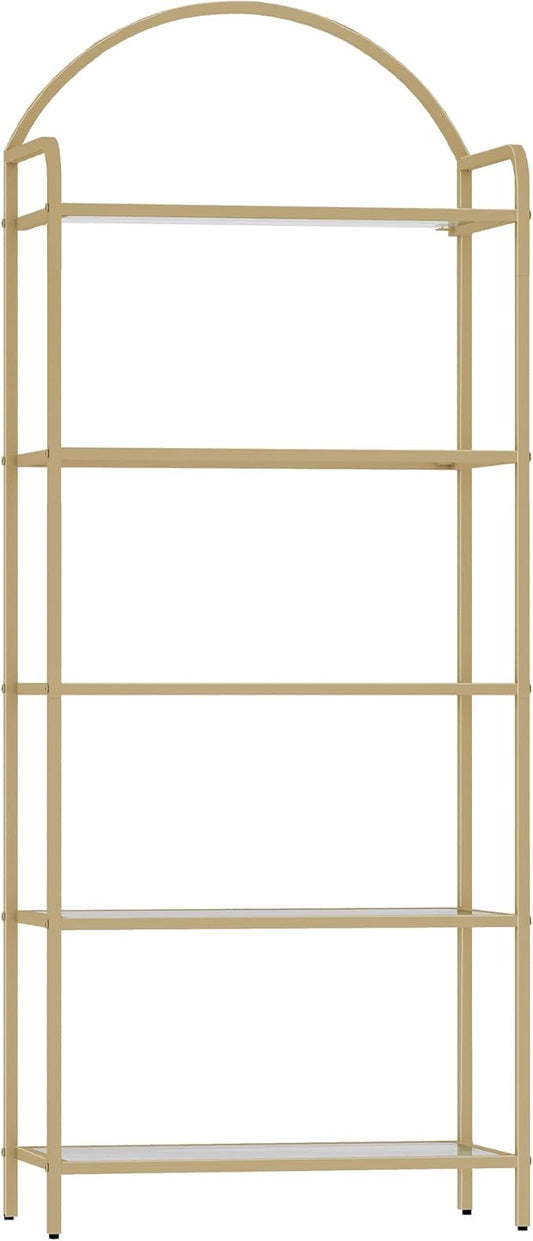 Hzuaneri Bookcase Bookshelf, Tempered Glass Bookshelves, Slim Shelving Unit for Bedroom, Bathroom, Home Office, Steel Frame, 5 Tier Gold BC21599G
