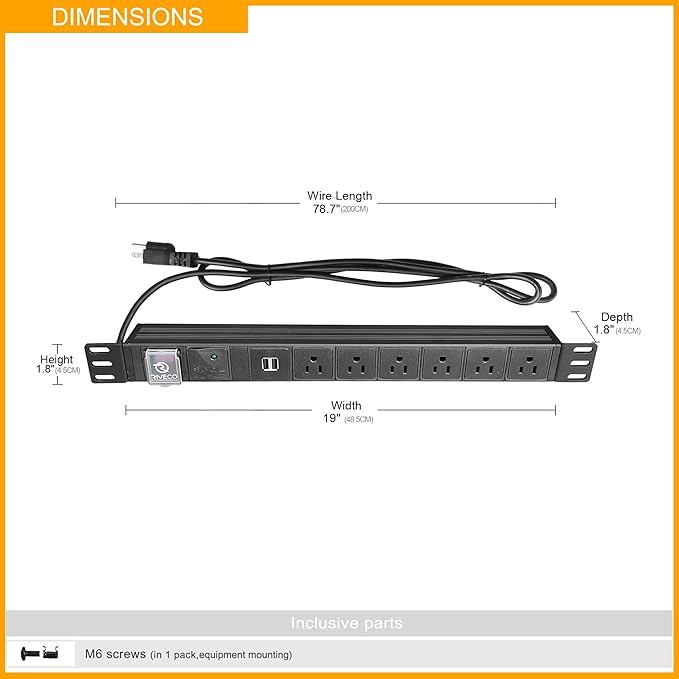 RIVECO PDU 6 Outlets with 2 USB Ports, Flexible Rack Mount Power Strip for 19” Server Cabinet, with Surge Protector for Network & Audio Devices, 1U Black