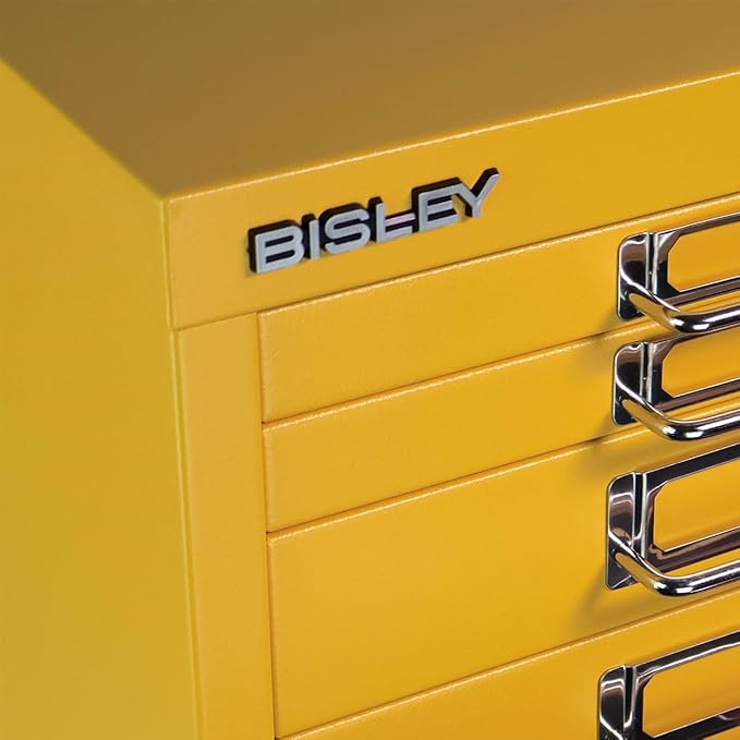 Bisley 8-Drawer Steel MultiDrawer Cabinet - Golden Sunflower Yellow, Chrome Pull Handles with Label Holders, Powder-Coated Steel, Removable Drawers, Fits Under Most Desks, Labels Included