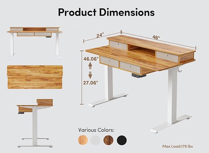 BANTI Height Adjustable Electric Standing Desk with 4 Drawers, 48 x 24 Inch Table with Storage Shelf, Sit Stand Desk, Light Rustic Brown Top