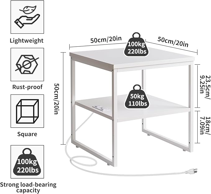 Aibiju Living Room Large Side Table, End Table with Charging Station, Refrigerator Stand Printer Table with Adjustable Shelves, Office Square Coffee Table with USB Ports White YD-TM153WD