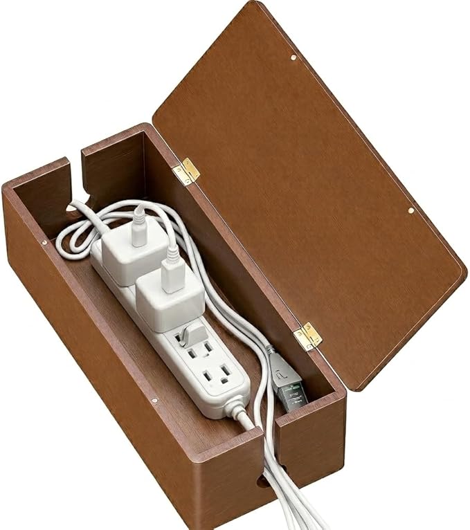 Tikora Real Wood Cable Management Box - Minimalist Home Office Decor - Walnut Finish Cord Organizer to Hide Wires & Power Strips - Spring Cleaning Essential for Desk & TV Stand - Safe for Pets & Kids