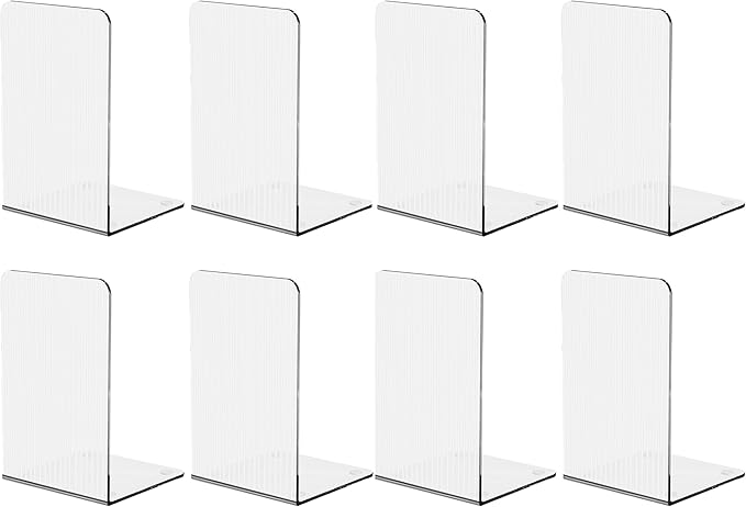 Book Ends for Shelves 8 Pcs Acrylic Bookends Clear Unique Rippled Pattern Book Holder Stand for Heavy Books Home Office School Organizer and Desktop Decorative