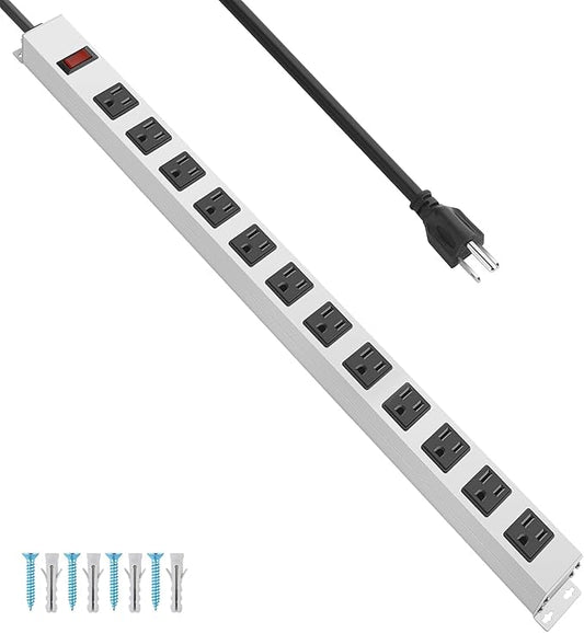JUNNUJ Metal 12 Outlet Power Strip, Mountable Heavy Duty Power Strip, 1200J Surge Protector Wall Mount Screws Outlet with Switch, Gaming Desk Strips Wide Spaced 15A 125V 1875W, 3 FT 14AWG Power Cord