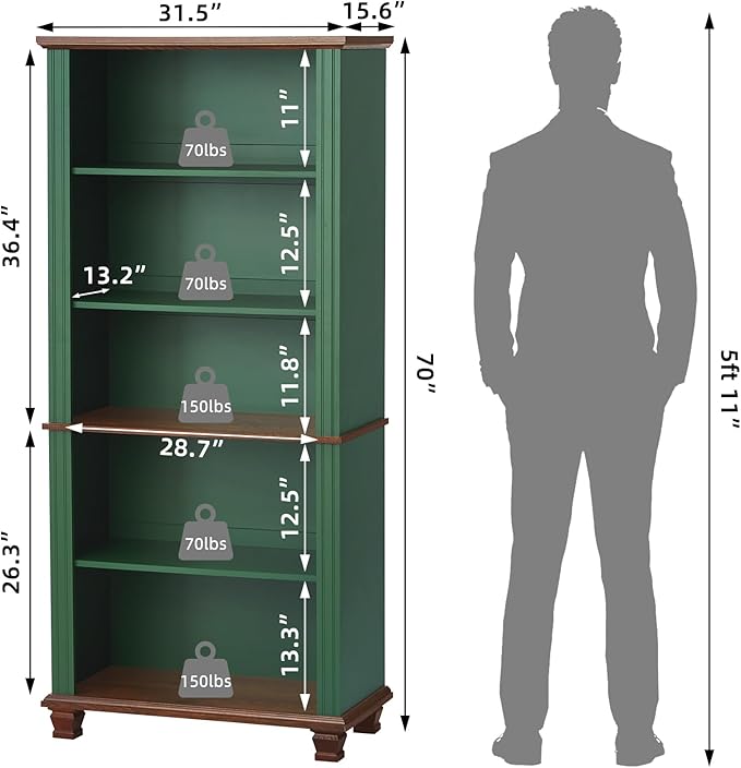 SAVOR LIFE 70" Tall Green Bookshelf,5 Tier Wooden Book Shelf with Adjustable Shelves & Wood Legs,Free Standing Farmhouse Bookcase with Open Display Storage,Vintage Bookshelves for Library, 2PCS