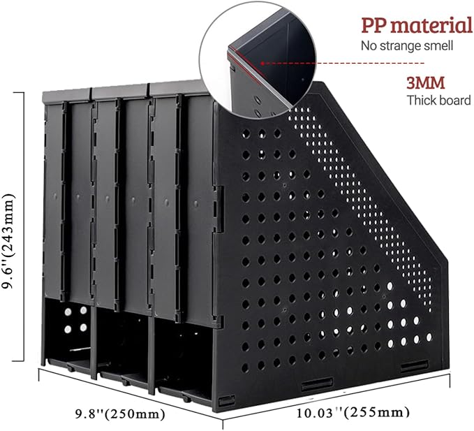 Marte Vanci Collapsible 3 Compartment Magazine Holder Desktop Organiser Adjustable Sturdy File Dividers Document Cabinet Rack Display (Black)