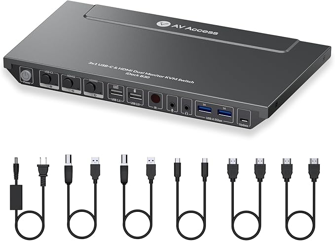AV Access KVM Switch Dock for a Laptop and 2 Desktop PCs, Dual 4K Monitor USB C Docking Station, Type-C 65W Charging for Laptop, Ethernet, EDID, Hotkey Switch, HDMI, 4K@60Hz, 1080P@240Hz, USB 3.0