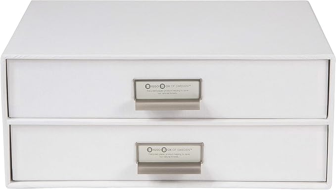 Bigso Box of Sweden Birger 2-Drawer Fiberboard Label Frame Document Letter Box | Desktop Drawers for Loose Papers, Documents & More with Metal Label Holder | 13.1" x 10" x 5.7" | White