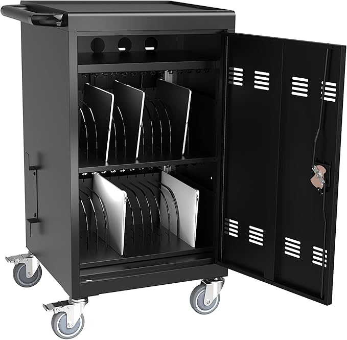 32-Bay Mobile Laptop Cart & Chromebook Charging Station - Heavy-Duty Locking Cabinet for 17" Screens, Laptop Storage Rack for Multiple Laptops/Tablet, Ideal for Schools, Offices, Hospitals (Black)