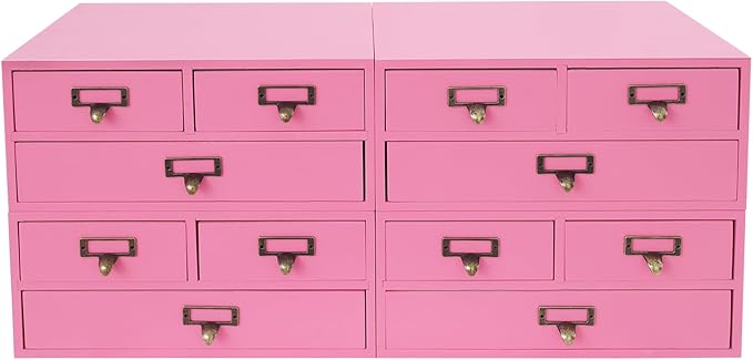 12 Drawers Apothecary Cabinet, 4-Pack Wood Tabletop Medicine Cabinet, Vintage Desktop Drawer Library Card Catalog Cabinet Wooden Chest Drawer Organizer for Tea Herbs Jewelry Stationery (Pink)