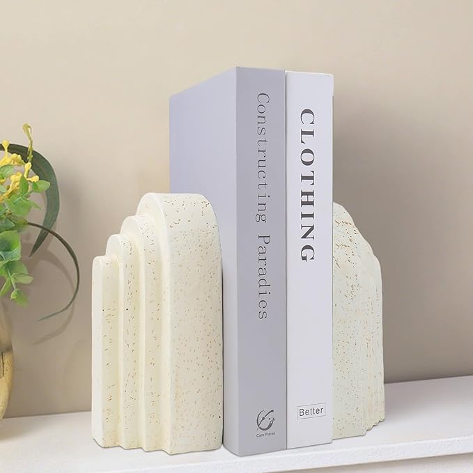 Book Ends for Shelves, Decorative Bookends Modern Resin Non-Slip Bookends Stopper Holder Stand for Office, Library, Home Decor Set of 2 (Beige)