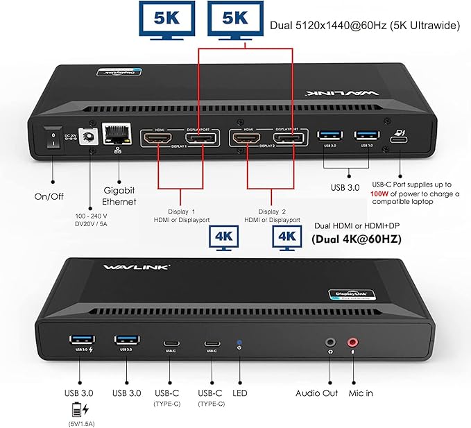 WAVLINK DisplayLink Laptop Docking Station - Dual Monitor 4K@60Hz, 100W Charging for Thunderbolt 4/3, USB-C/A, M1-M5 Mac/MacBook Neo, Windows, Chrome - 2HDMI, 2DP, 6 USB Ports, LAN, Audio