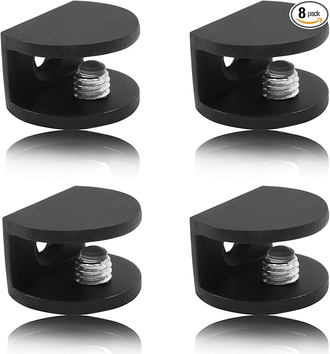 Litoexpe 8pcs Adjustable Frameless Glass Shelf Bracket, Aluminum Alloy Shower Clamp Clip for 5-8mm Wood/Glass, Wall Mount Support Holder With Mounting Screws, Matte Black
