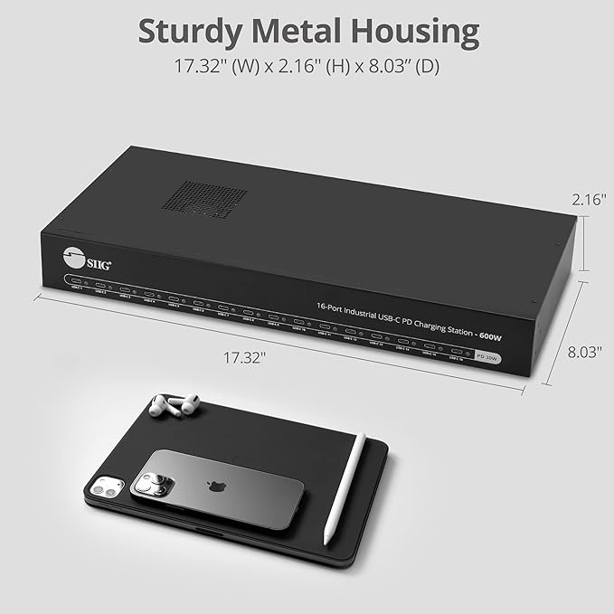 SIIG USB-C 16 Port 600W PD Industrial Powered Multiport Charging Station - 30W per Port - UL Certified - Rack Mount Compatible, for iPad/Tablet/Audio Guide and More (ID-US0A11-S1)