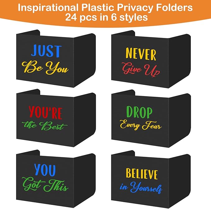 24 Pack Plastic Desk Dividers for Students Inspirational Privacy Folders Black Test Divider Plastic for Students Desks Study Carrel Divider Classroom Testing Dividers Teacher Supplies